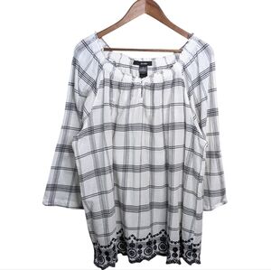 Ali Miles Peasant Top 2X Boho Cottagecore Embroidered Windowpane Prairie